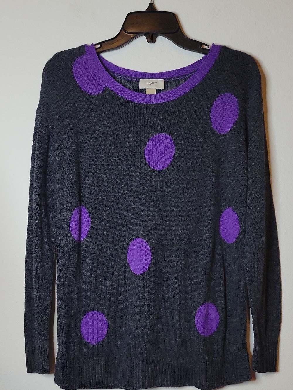 LOFT Gray Purple Polka Dot Knit Crewneck Sweater M 312729 VGUC